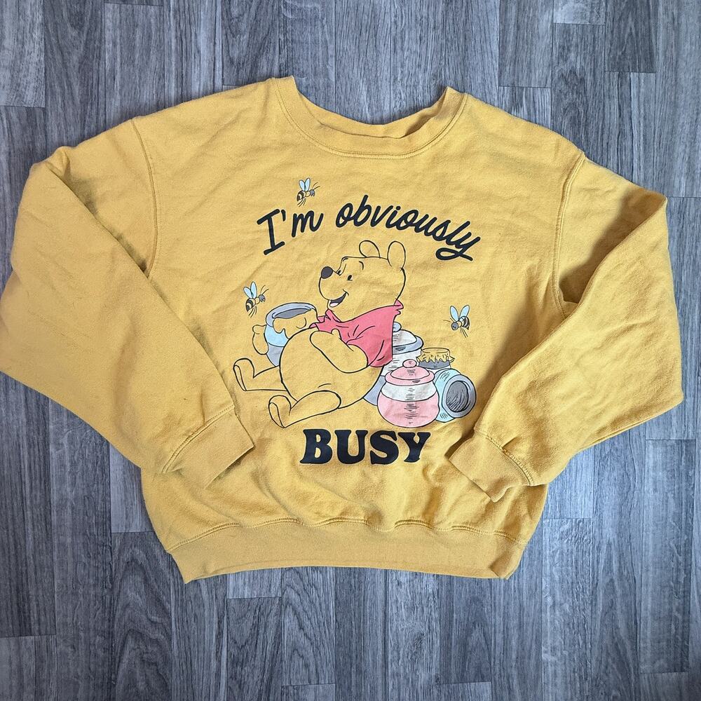 Disney Winnie the Pooh I’m Obviously Busy Yellow Crewneck Sweatshirt Size